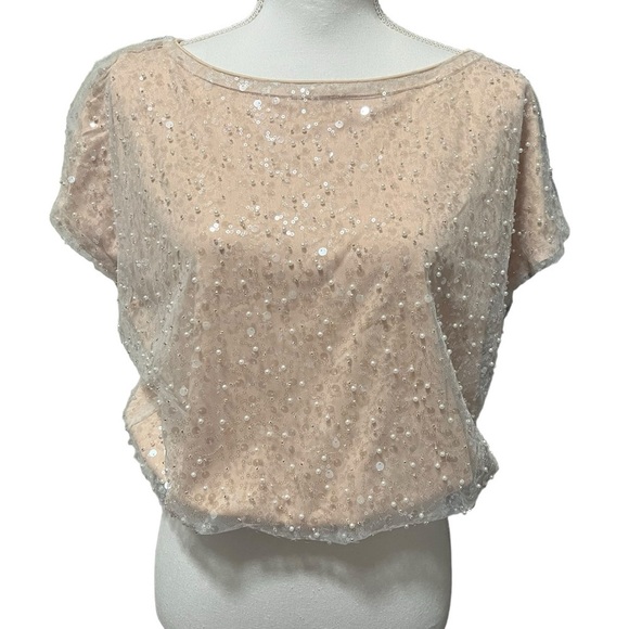 Main Strip Tops - Main Strip Sequin & Pearl Blouse Top Off White/Champagne Short Sleeve Small NWT
